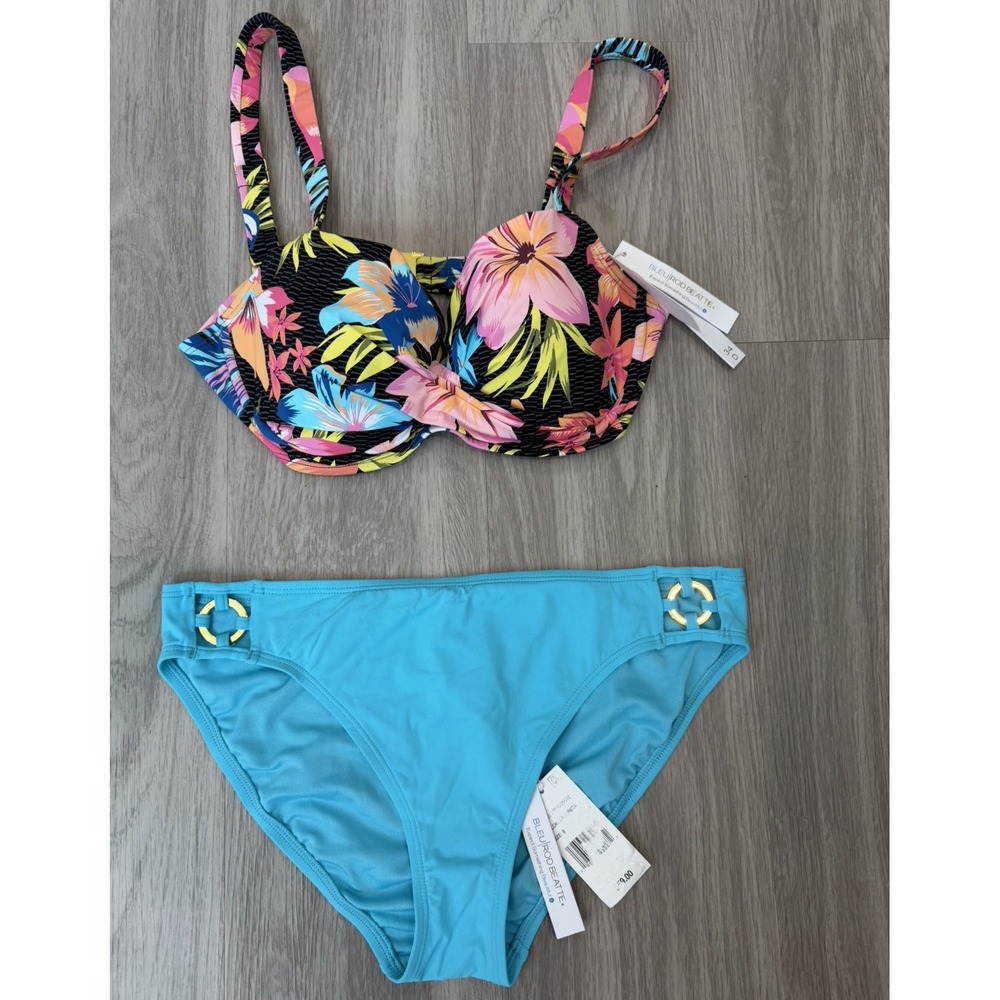 Bleu Rod Beattie 2pc Underwired Bikini Set Blue/Floral Mesh Trim 8 34D